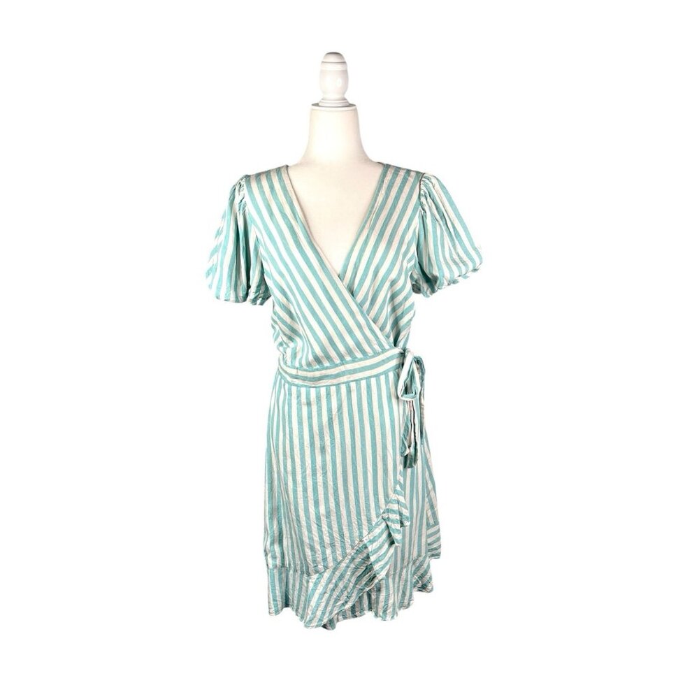DRAPER JAMES RSVP Women's Aqua White Stripe Short Sleeve Wrap Dress Large